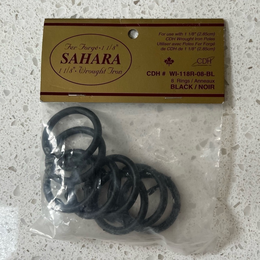 Black decorative wrought iron 8 drapery rings.
